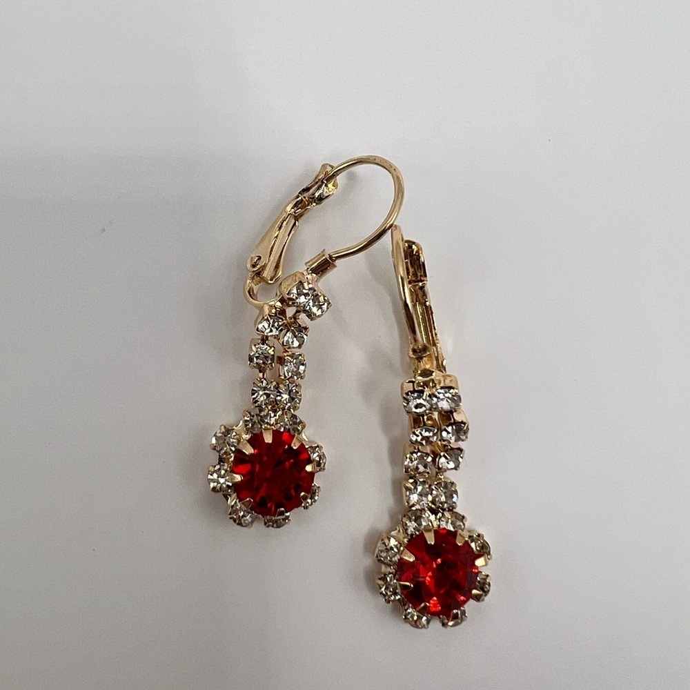 Red and Gold Crystal Dangle Earrings Evening Jewelry